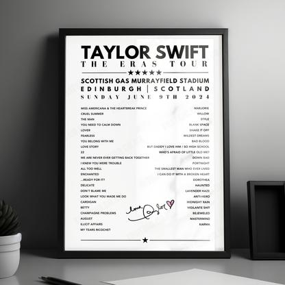 Taylor Swift Setlist Poster - Scottish Gas Murrayfield Stadium, Edinburgh - June 9th, 2024