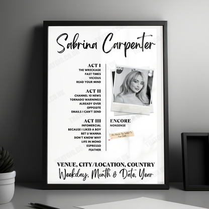 Sabrina Carpenter Setlist Poster - Climate Pledge Arena, Seattle, WA, USA - November 6th, 2024