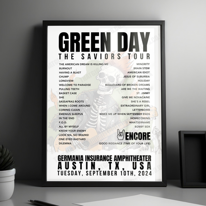 Green Day Setlist Poster - Germania Insurance Amphitheater, Austin - September 10th, 2024