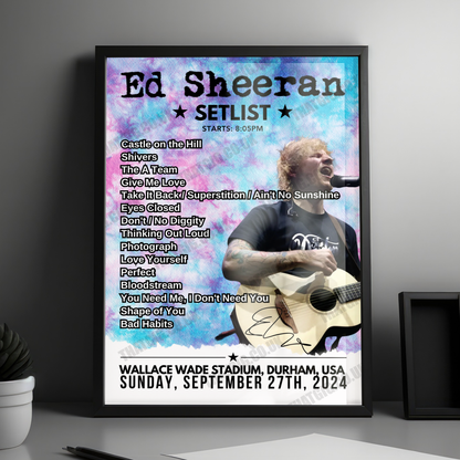 Ed Sheeran Setlist Poster - Wallace Wade Stadium, Durham - September 27th, 2024