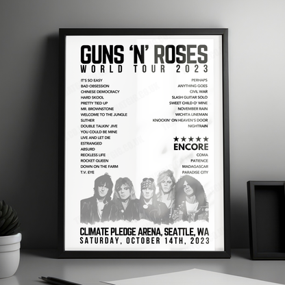 Guns N’ Roses Setlist Poster - Climate Pledge Arena, Seattle - October 14th, 2023