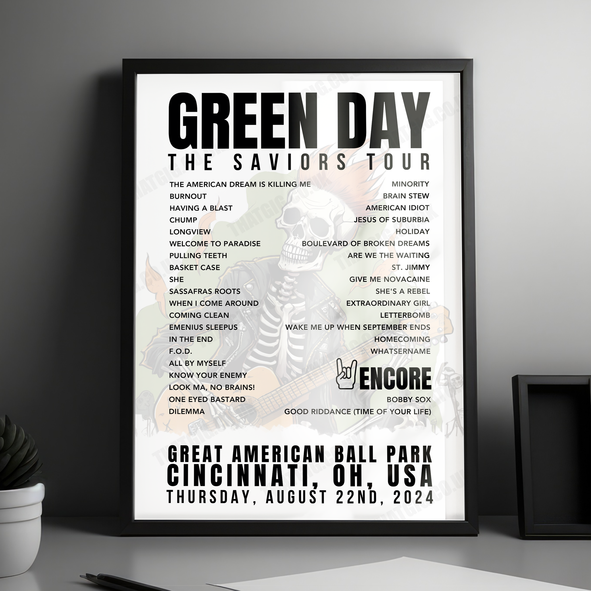 Green Day Setlist Poster - Great American Ball Park, Cincinnati, OH - August 22nd, 2024