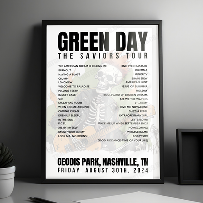 Green Day Setlist Poster - Geodis Park, Nashville, TN - August 30th, 2024