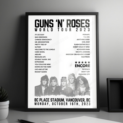 Guns N’ Roses Setlist Poster - BC Place Stadium, Vancouver - October 16th, 2023