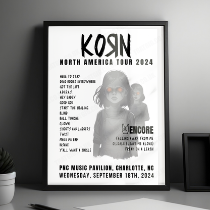 Korn Setlist Poster, PNC Music Pavilion, Charlotte - September 18th, 2024