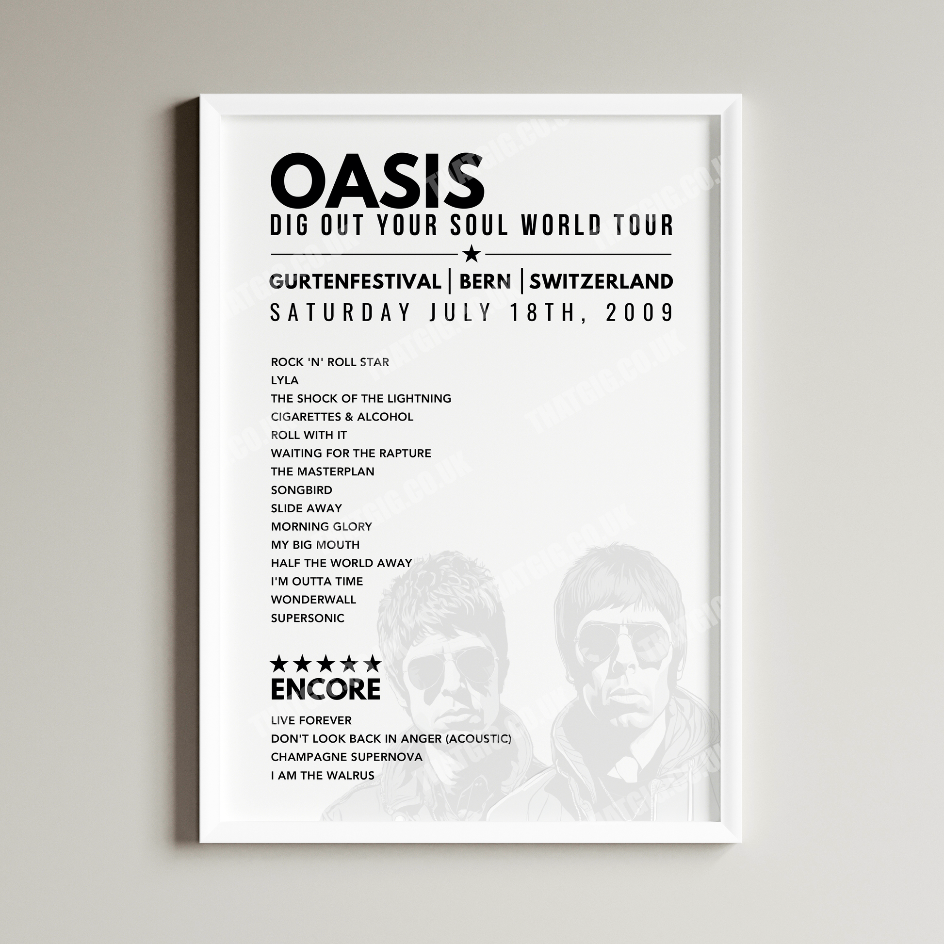 Oasis Setlist Poster - Gurtenfestival, Switzerland, 18th July 2009