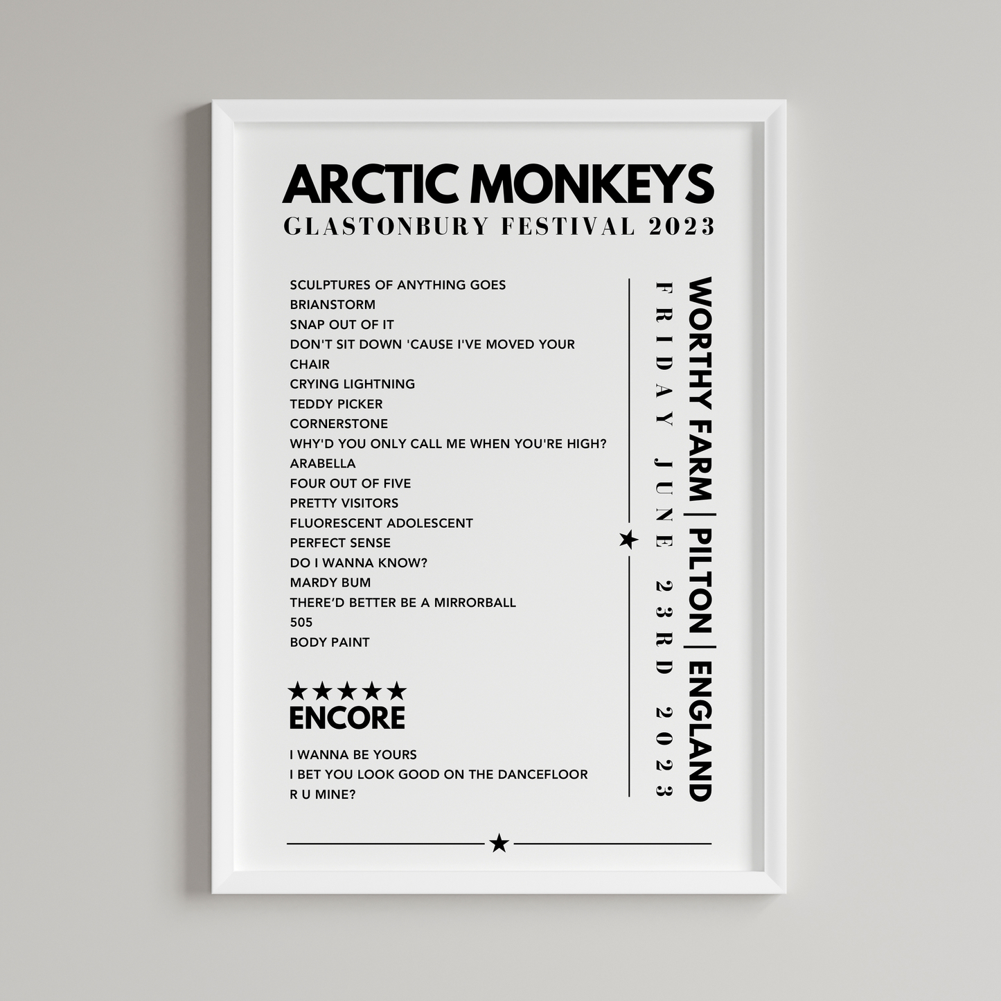 Arctic Monkeys Setlist Poster - at Glastonbury, Worthy Farm, England, on June 23rd, 2023