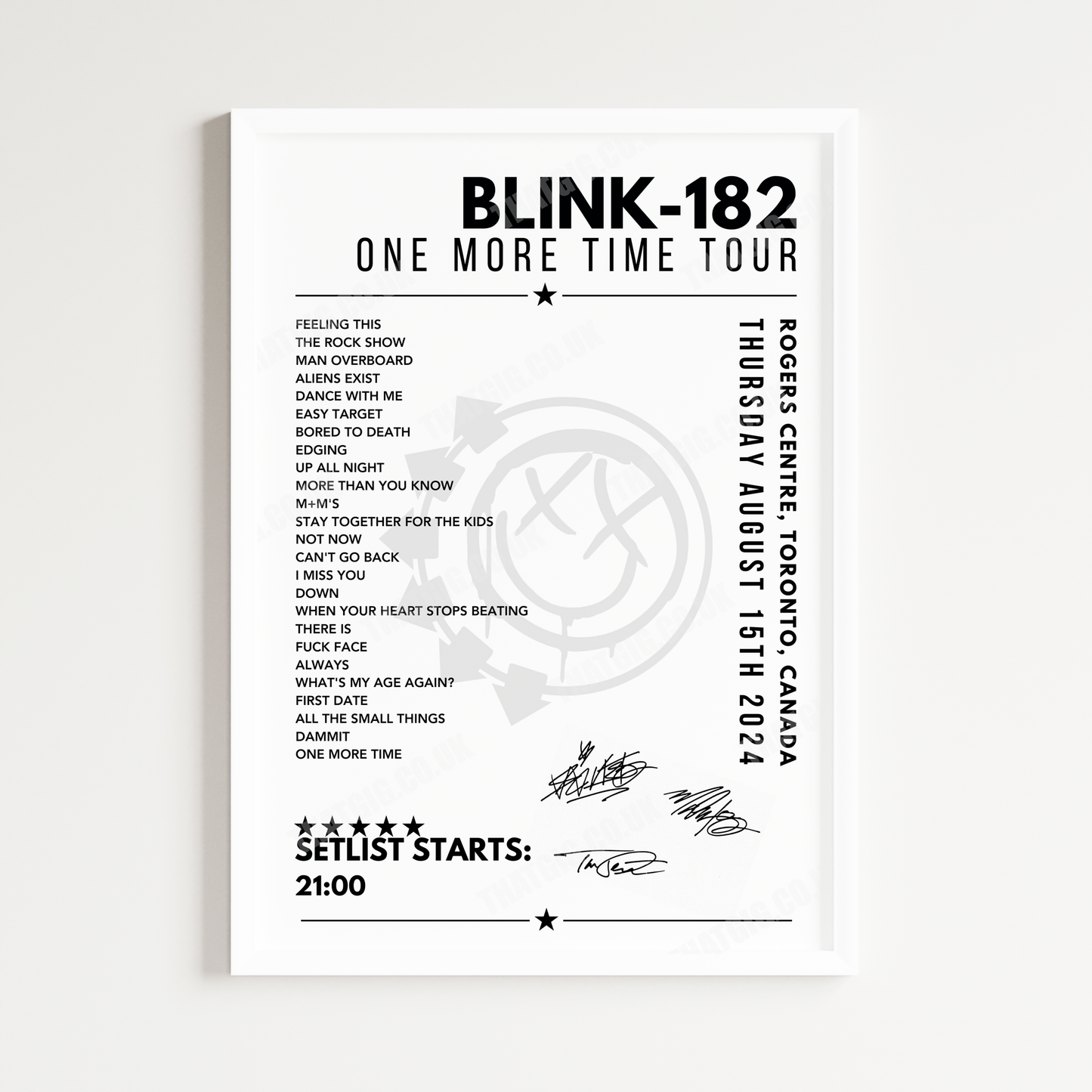 Blink-182 Setlist Poster - Rogers Centre, Toronto - August 15th, 2024