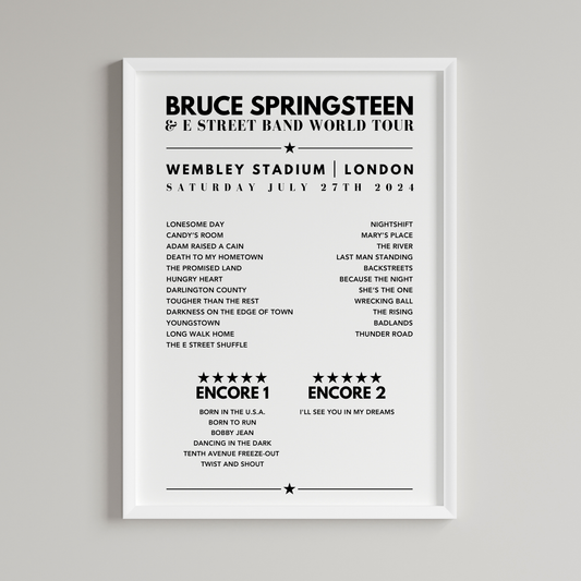 Bruce Springsteen at Wembley Stadium 27th July 2024 Setlist Poster