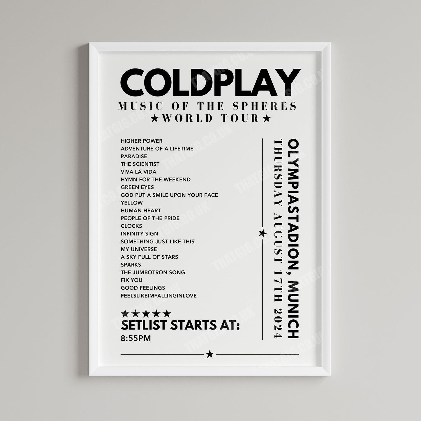 Coldplay Setlist Poster - Olympiastadion, Munich on August 17th 2024