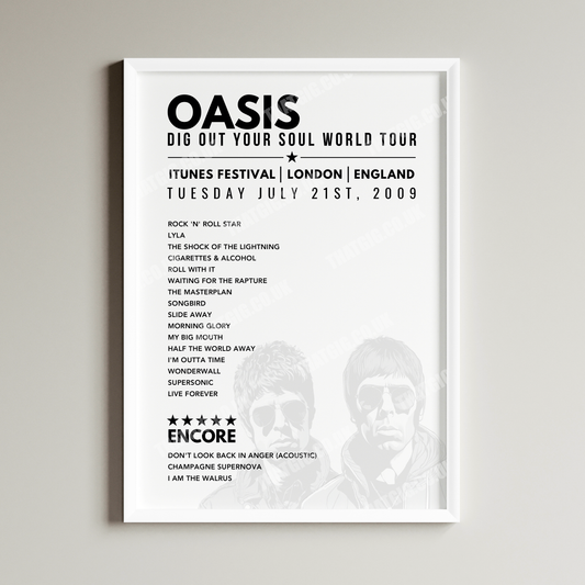 Oasis Setlist Poster - iTunes Festival, London, 21st July 2009