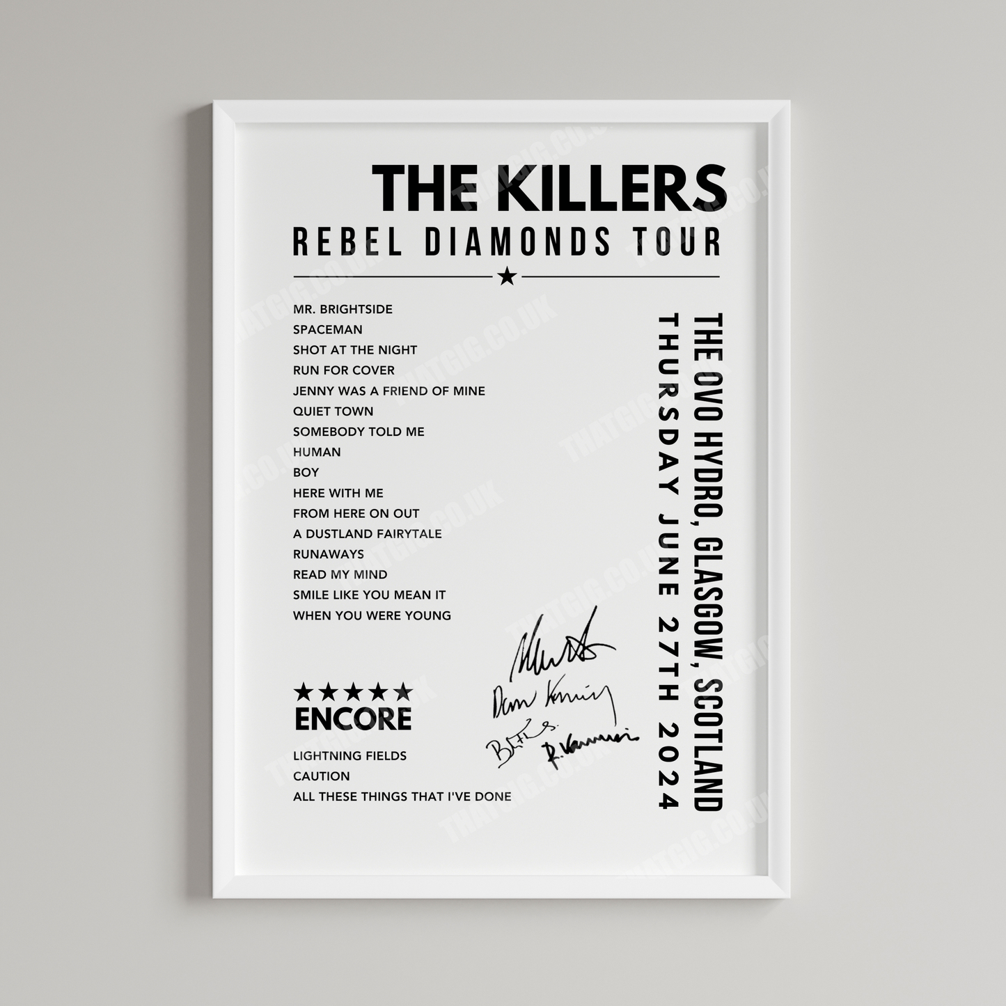 The Killers Setlist Poster - The OVO Hydro, Glasgow on June 27th, 2024