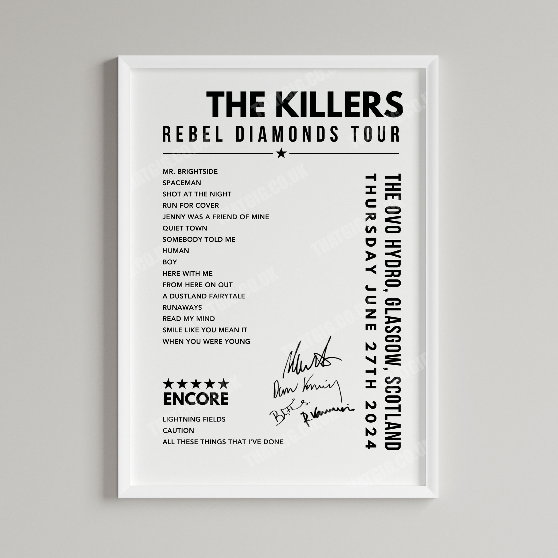 The Killers Setlist Poster - The OVO Hydro, Glasgow on June 27th, 2024