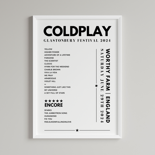 Coldplay Setlist Poster - Glastonbury, Worthy Farm on June 29th 2024