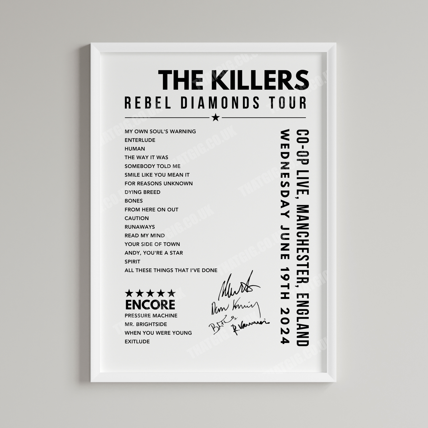 The Killers Setlist Poster - at the CO-OP Live, Manchester on June 19th, 2024