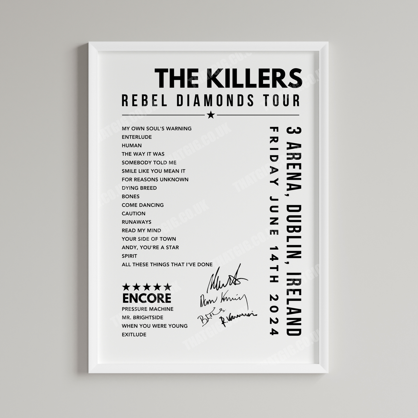 The Killers Setlist Poster - at the 3Arena, Dublin on June 14th, 2024