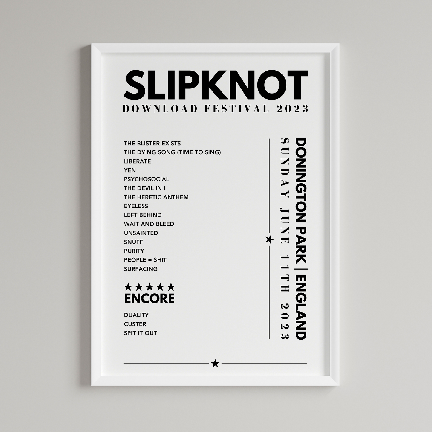 Slipknot Setlist Poster- Download Festival, Donington Park on June 11th, 2023