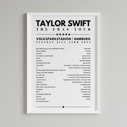 Taylor Swift Setlist Poster - Volksparkstadion, Hamburg, Germany on July 23rd 2024