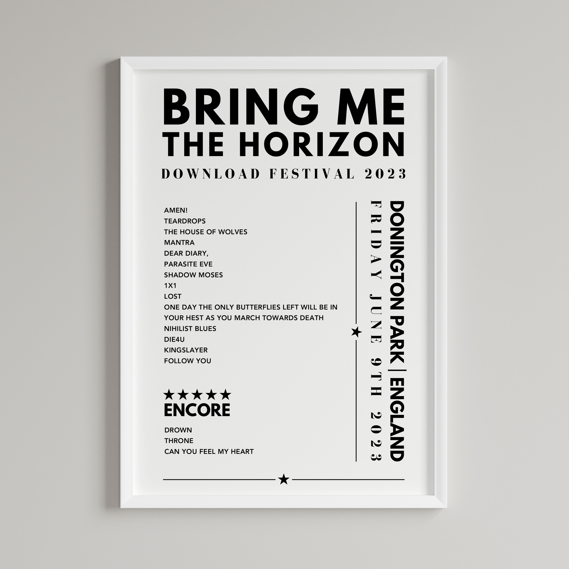 Bring Me The Horizon Setlist Poster - at Donington Park, England, June 9th, 2023