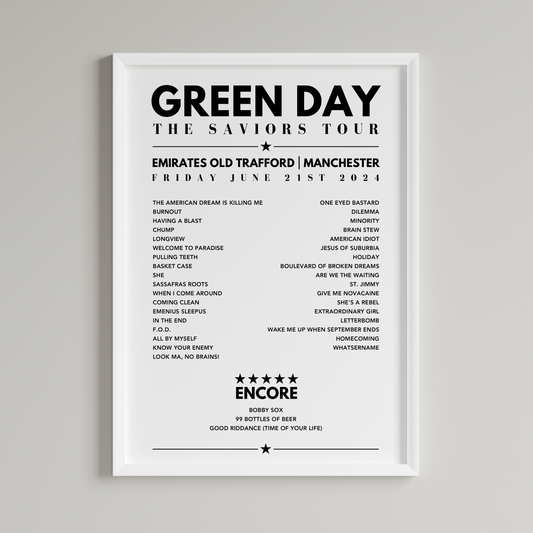 Green Day Setlist Poster - Emirates Old Trafford, Manchester - June 21st, 2024