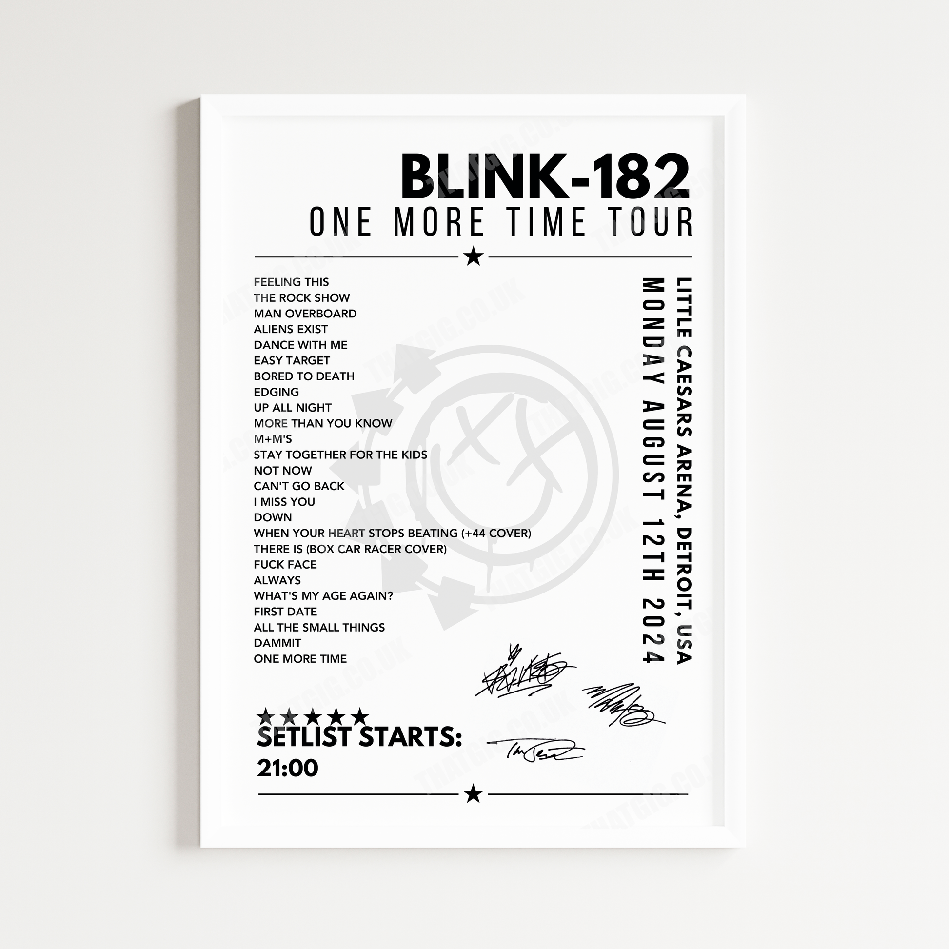 Blink-182 Setlist Poster - Little Caesars Arena, Detroit - August 12th 2024