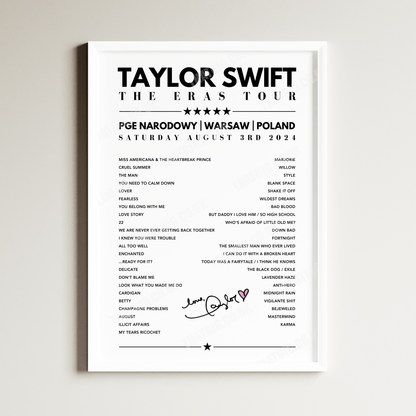 Taylor Swift Setlist Poster - PGE Narodowy, Warsaw, Poland, August 3rd, 2024