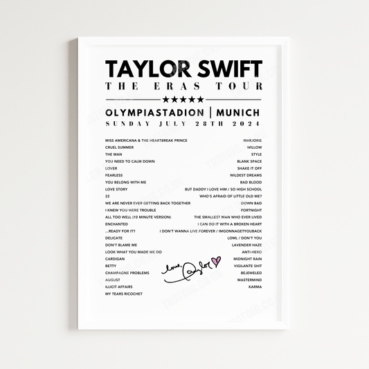 Taylor Swift Setlist Poster - Olympiastadion, Munich, 28th July 2024