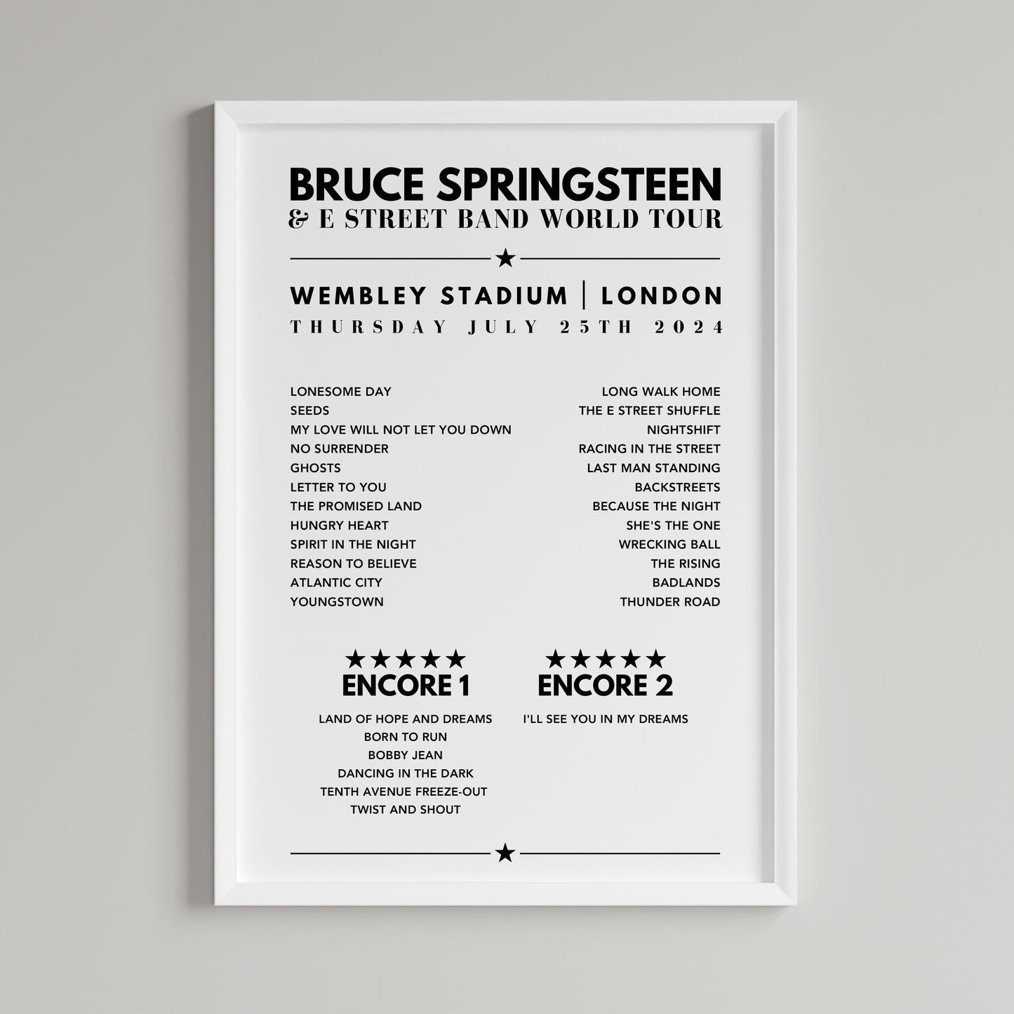 Bruce Springsteen Setlist Poster - Wembley Stadium - 25th July, 2024