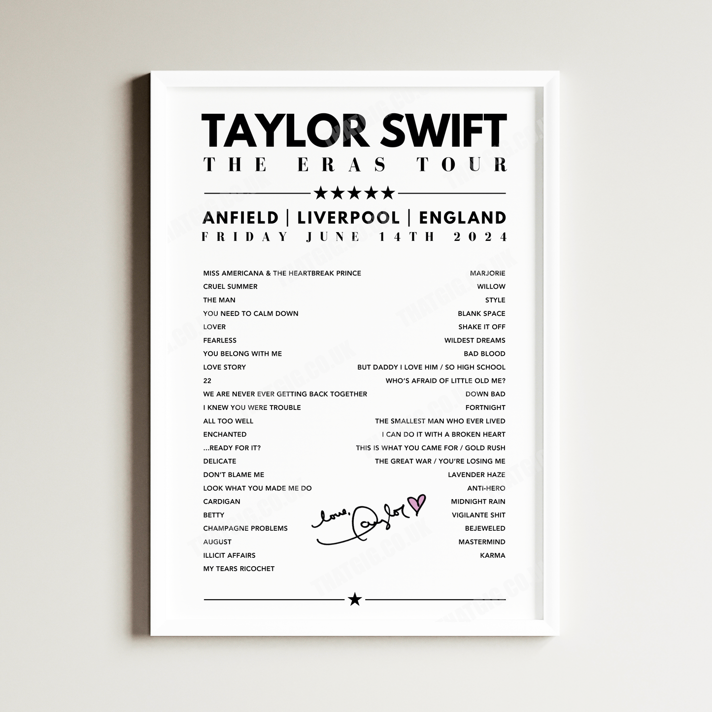 Taylor Swift Setlist Poster - Anfield, Liverpool, 14th June 2024