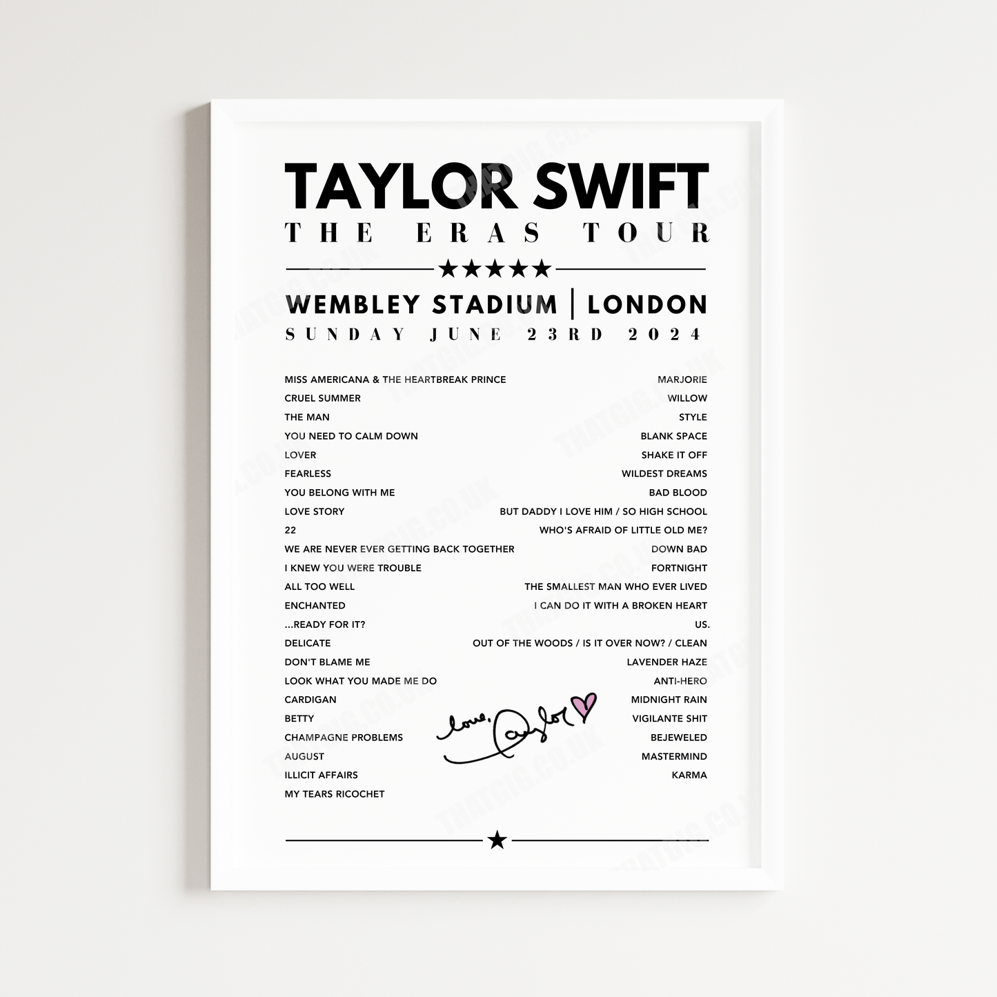 Taylor Swift Setlist Poster - Wembley Stadium, London, June 23rd 2024