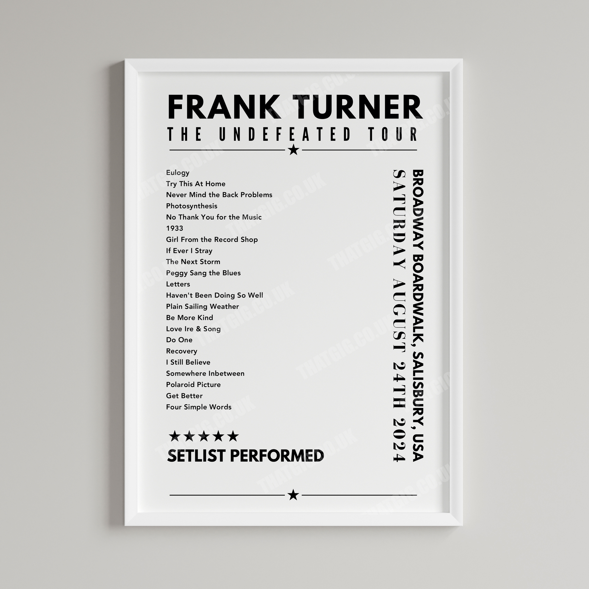 Frank Turner Setlist Poster - Broadway Boardwalk, Salisbury, MA on August 24th, 2024