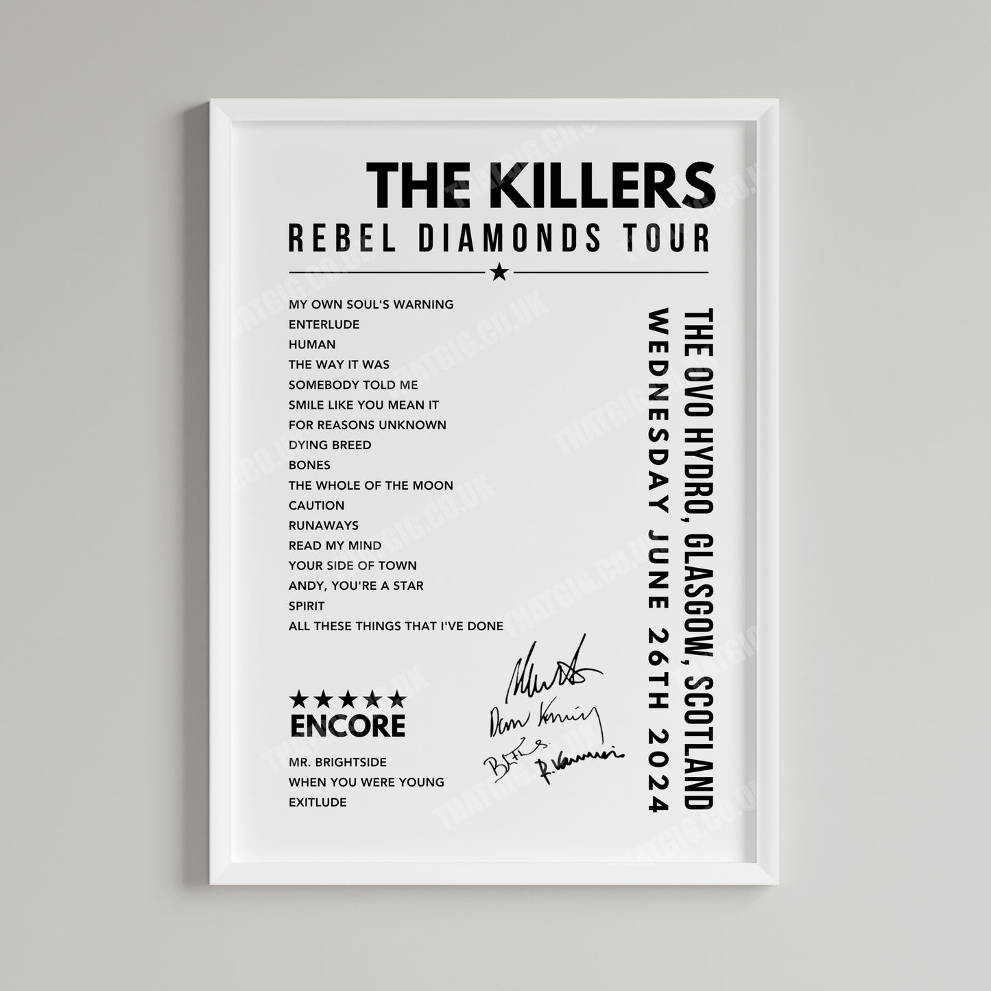 The Killers Setlist Poster - The OVO Hydro, Glasgow on June 26th, 2024