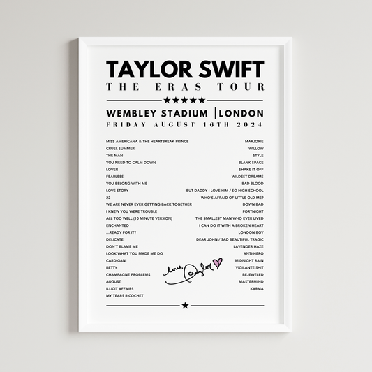 Taylor Swift Setlist Poster - Wembley, London, August 16th 2024