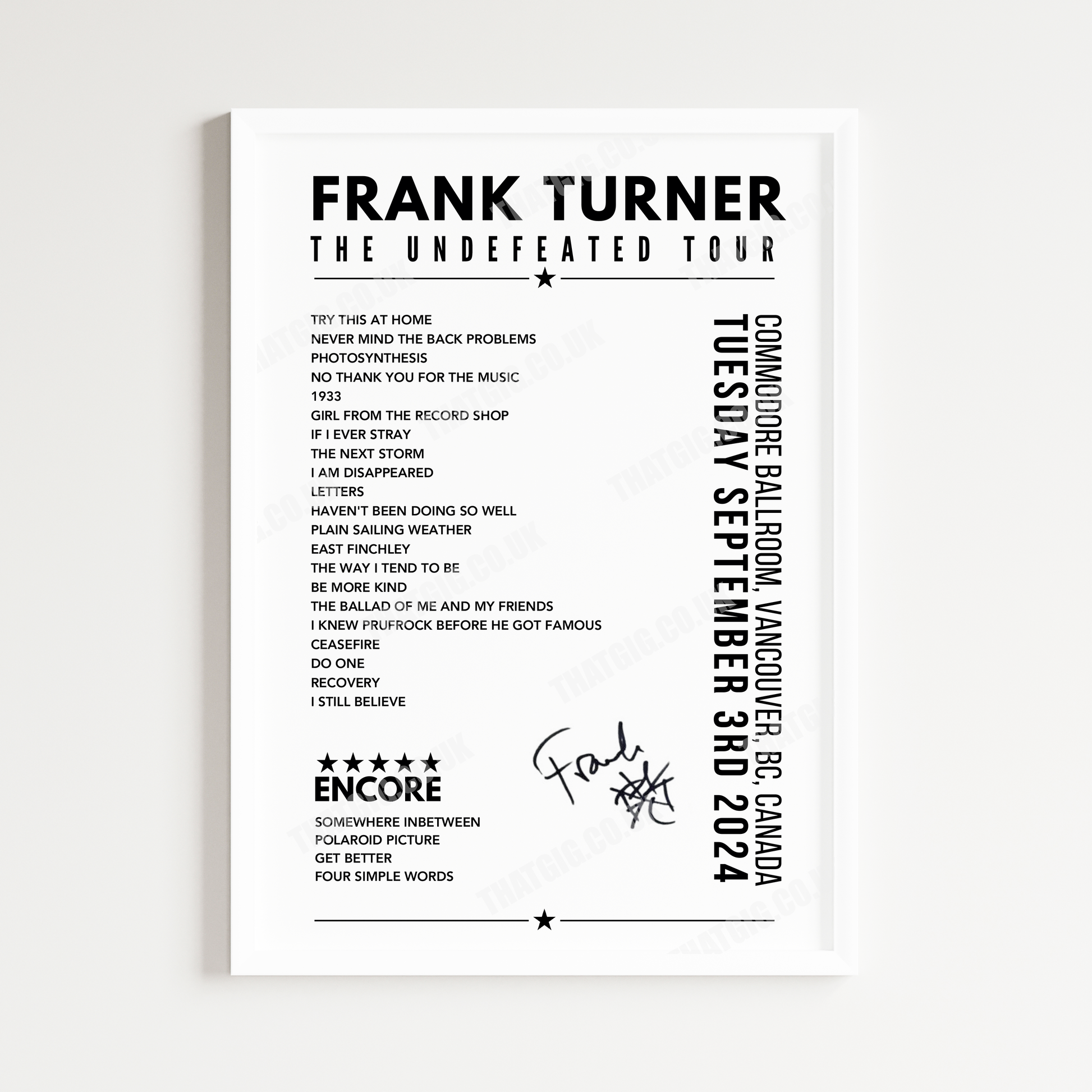 Frank Turner Setlist Poster - Commodore Ballroom in Vancouver, Canada - September 3rd 2024opy)