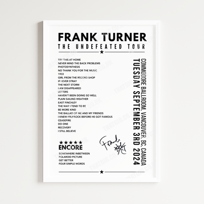 Frank Turner Setlist Poster - Commodore Ballroom in Vancouver, Canada - September 3rd 2024opy)