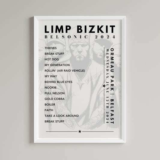 Limp Bizkit Setlist Sketch Poster - at the Ormeau Park, Belfast on June 12th, 2024