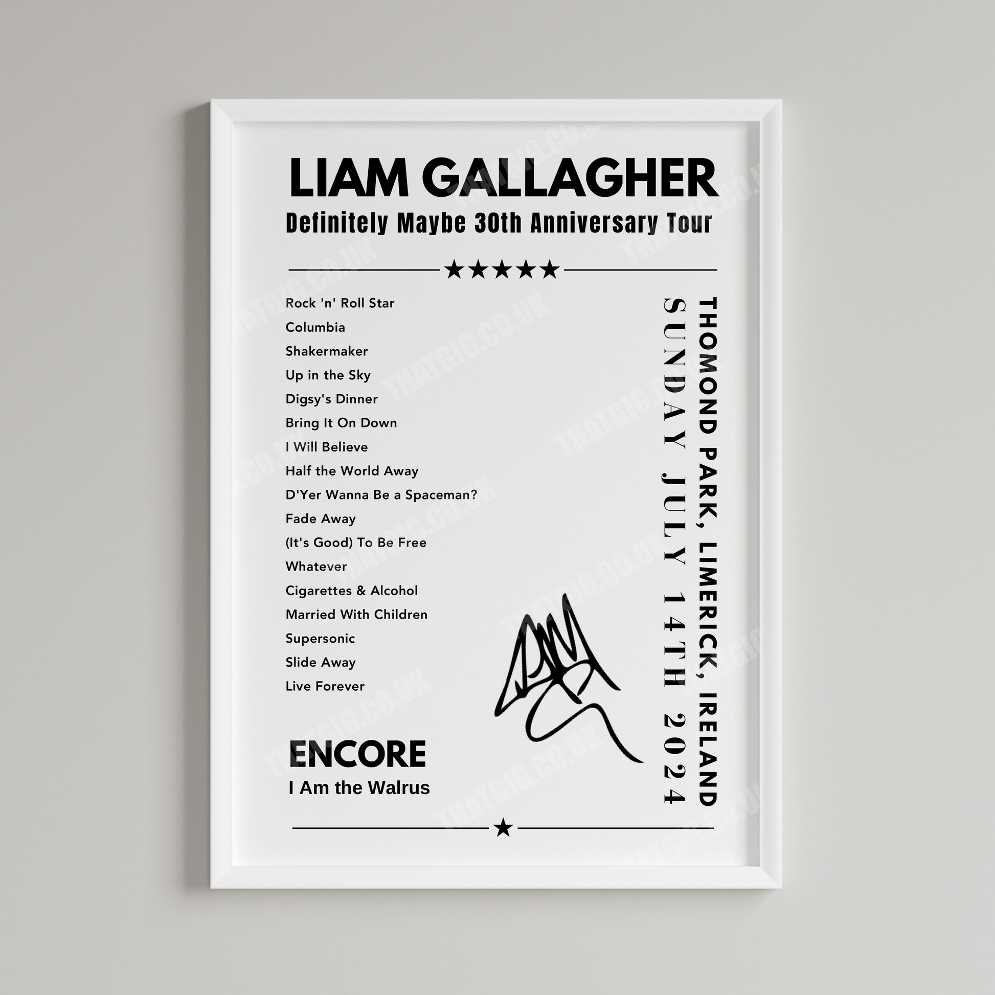 Liam Gallagher Setlist Poster - Thomond Park, Limerick on July 14th 2024