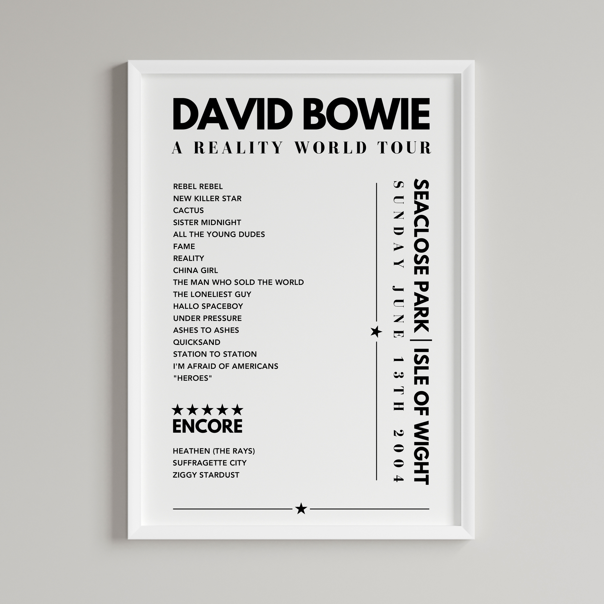 David Bowie Setlist Poster - Seaclose Park, Isle of Wight, on June 13th 2004