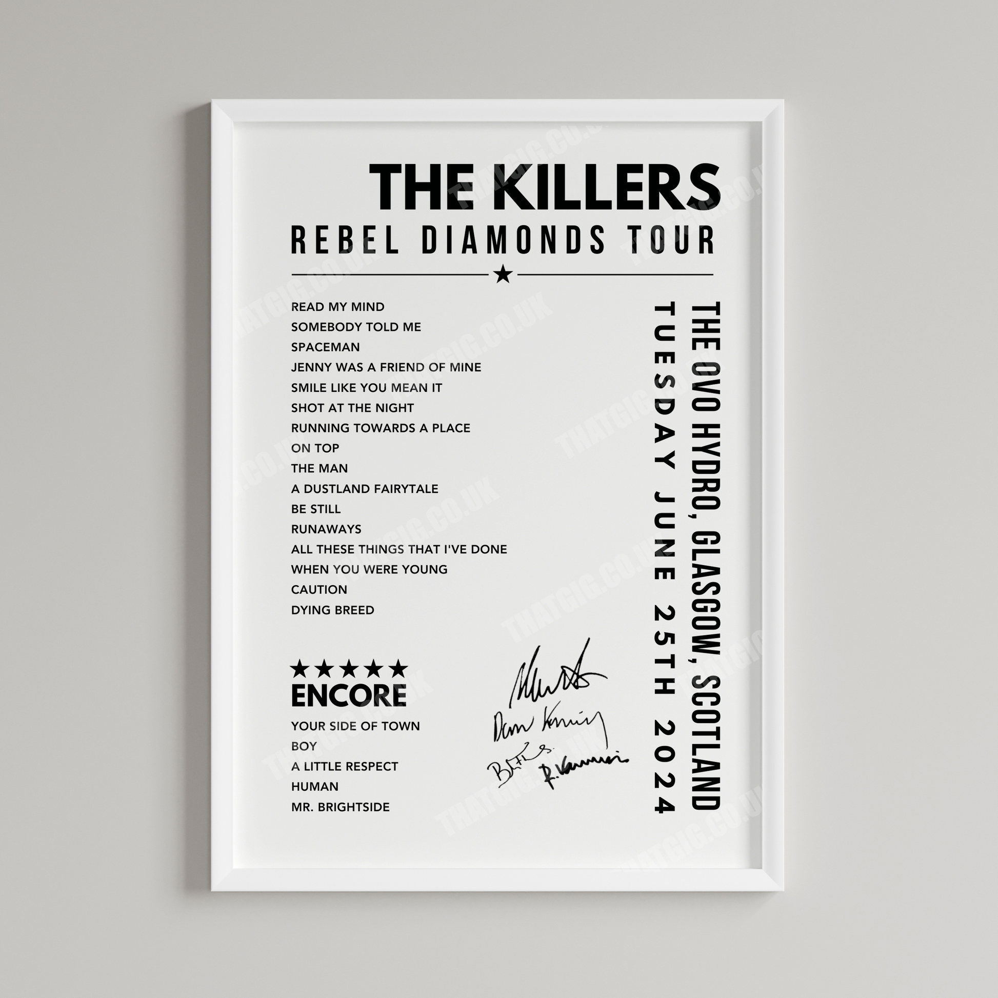 The Killers Setlist Poster - The OVO Hydro, Glasgow on June 25th, 2024