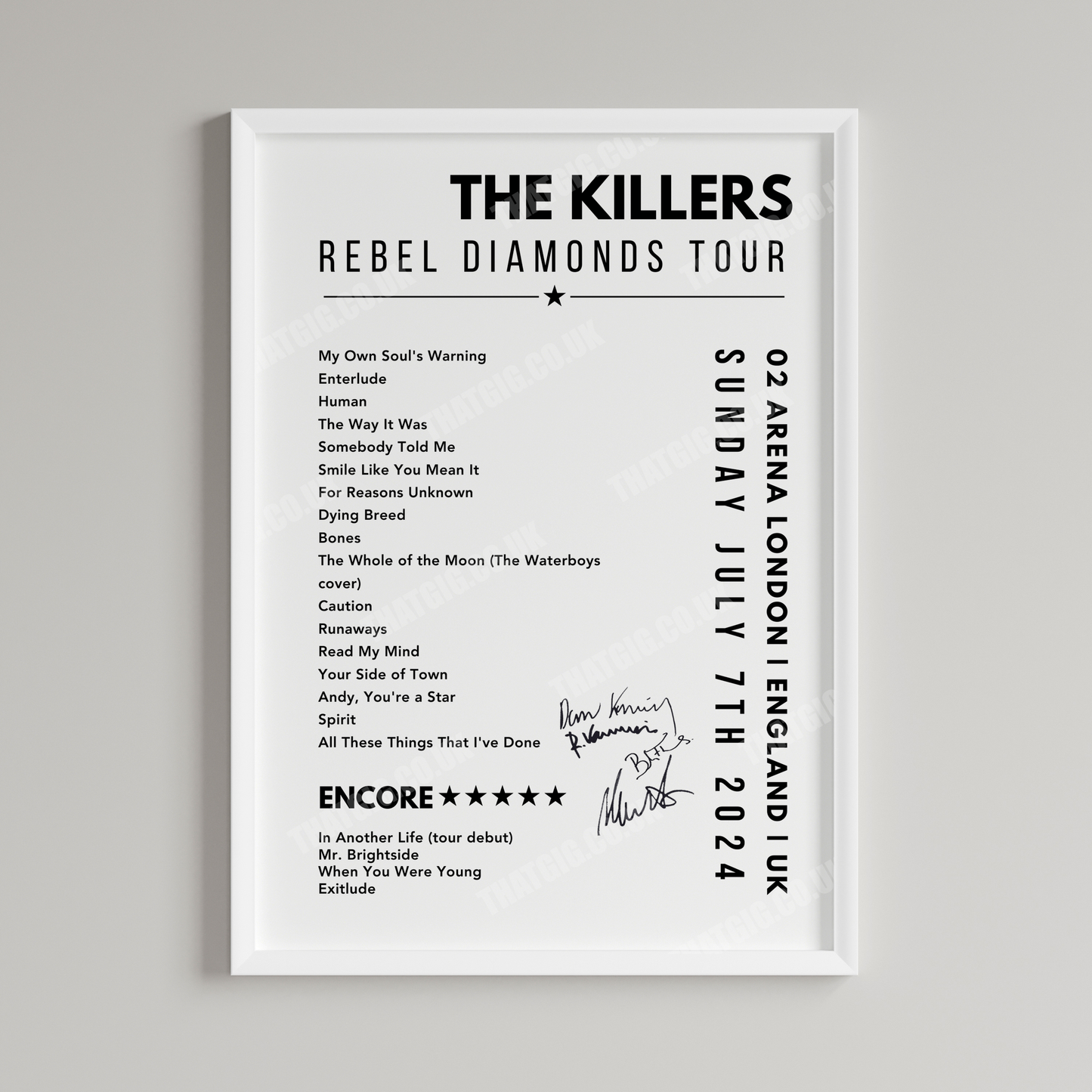 The Killers Setlist Poster - 02 Arena, London, England on July 7th, 2024