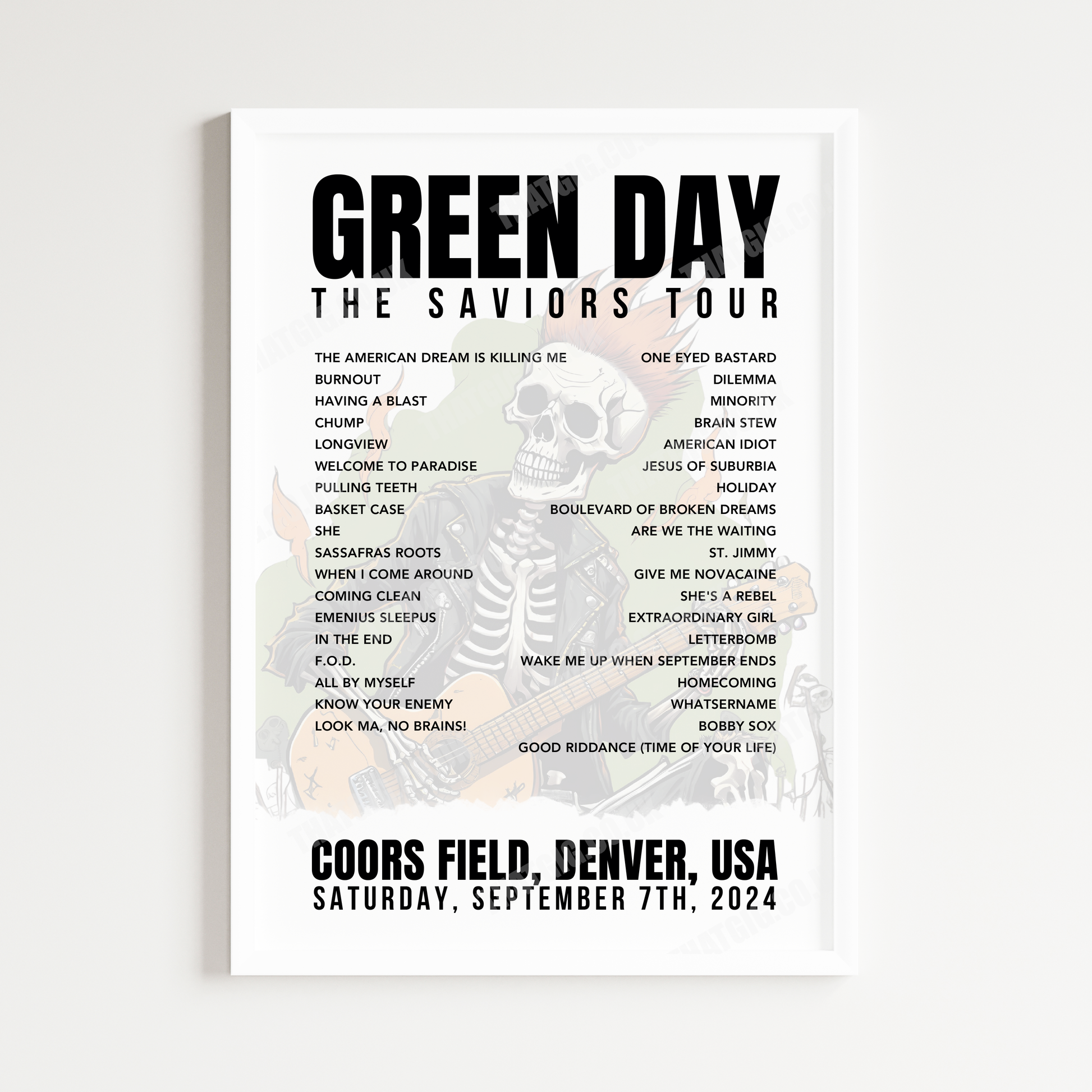 Green Day Setlist Poster - Coors Field, Denver - September 7th, 2024