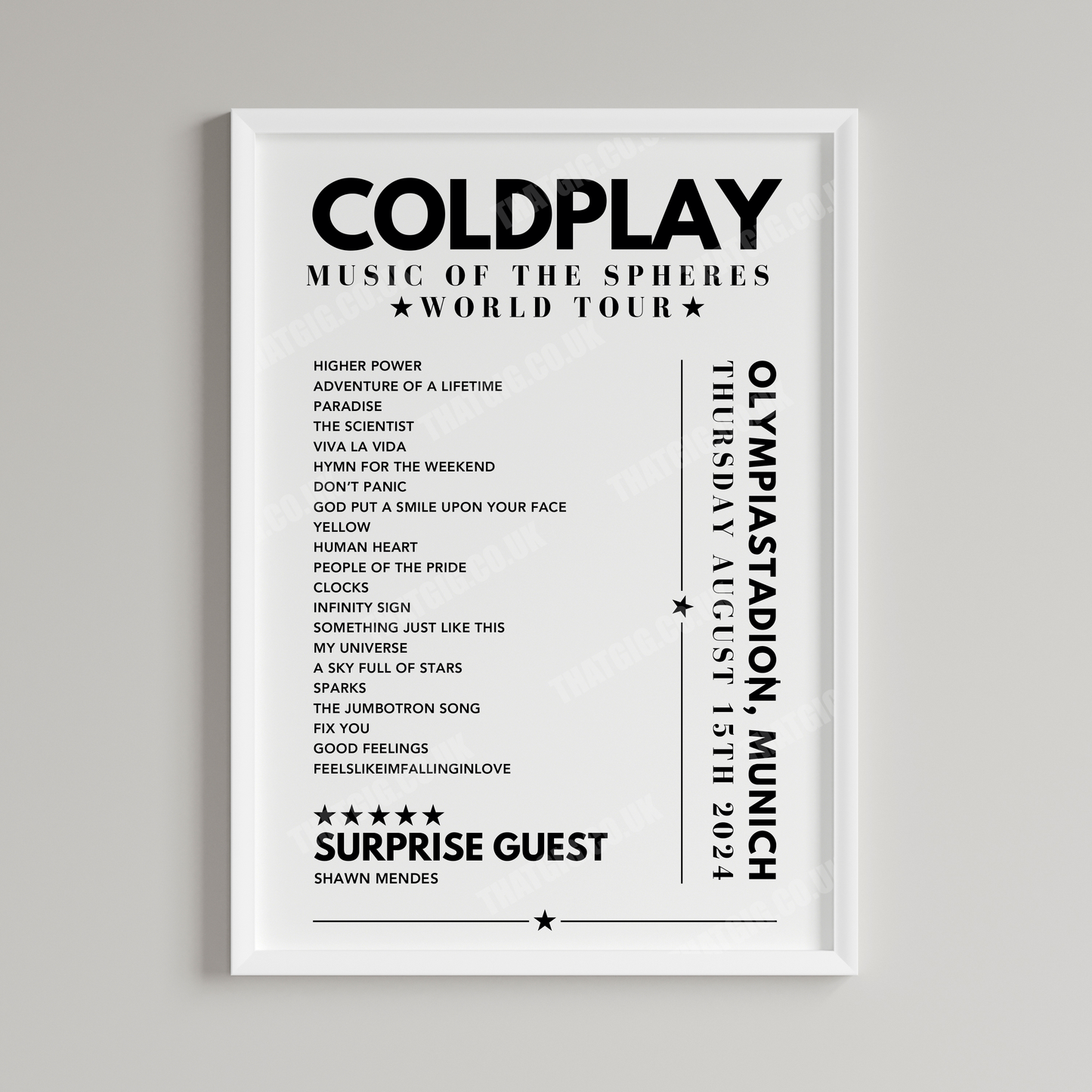 Coldplay Setlist Poster - Olympiastadion, Munich on August 15th 2024