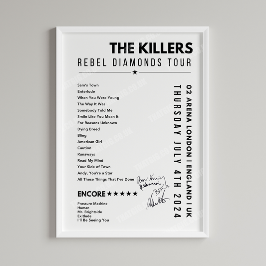 The Killers Setlist Poster - 02 Arena, London, England on July 4th, 2024