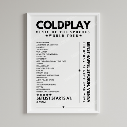 Coldplay Setlist Poster - Ernst Happel Stadion, Vienna on August 22nd 2024