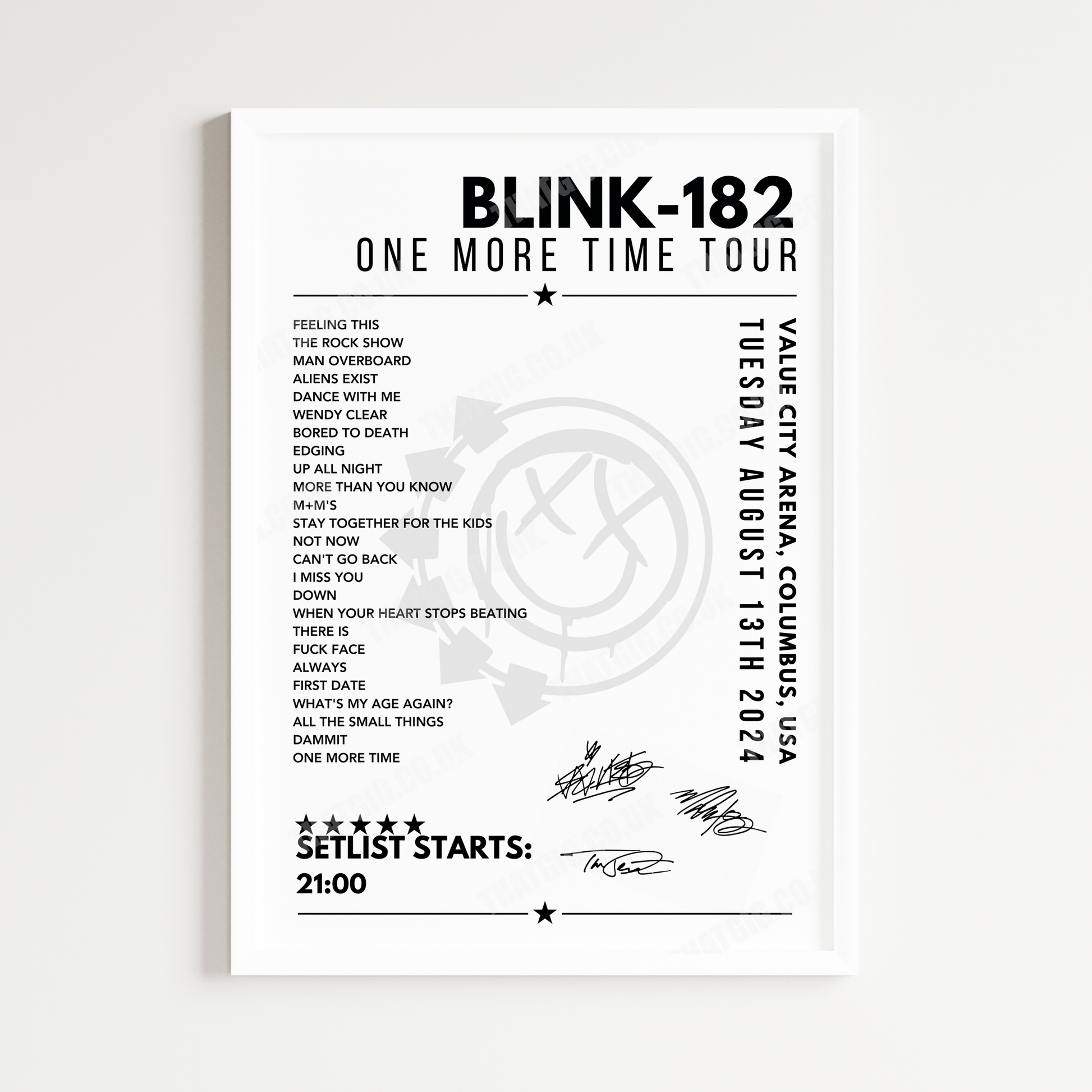 Blink-182 Setlist Poster - Value City Arena, Columbus - August 13th 2024