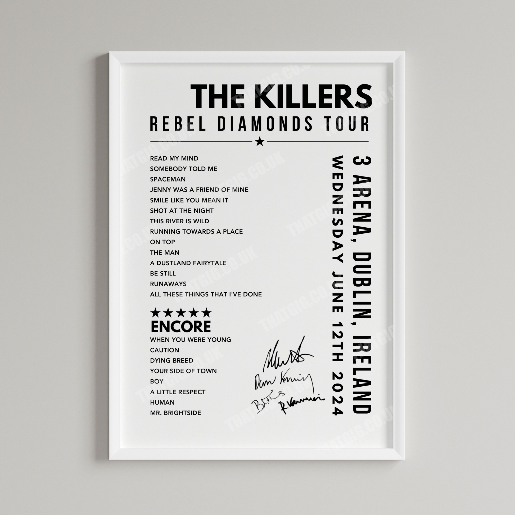 The Killers Setlist Poster - at the 3Arena, Dublin on June 12th, 2024