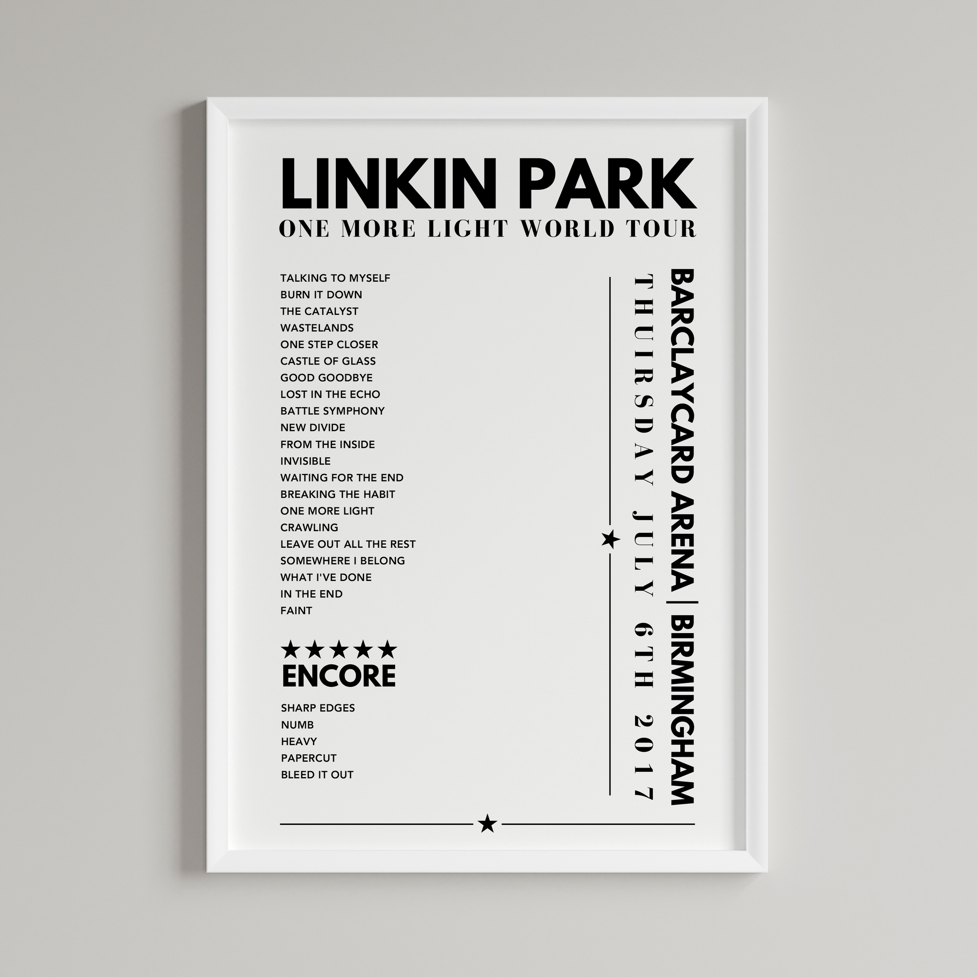 Linkin Park Setlist Poster - Barclaycard Arena, Birmingham on July 6th 2017