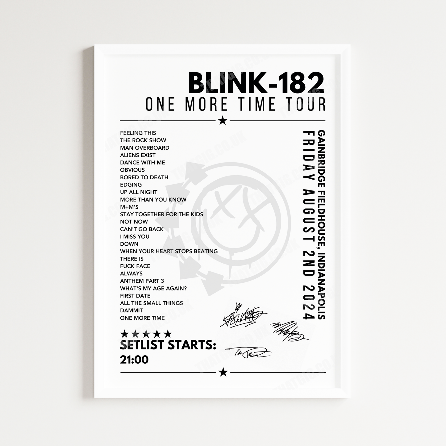 Blink-182 Setlist Poster - Gainbridge Fieldhouse, Indianapolis - August 2nd 2024