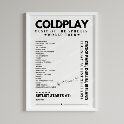 Coldplay Setlist Poster - Croke Park, Dublin on August 29th 2024