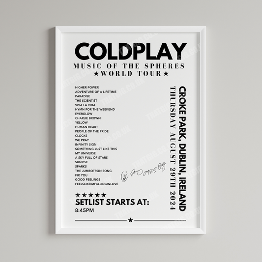 Coldplay Setlist Poster - Croke Park, Dublin - August 29th 2024